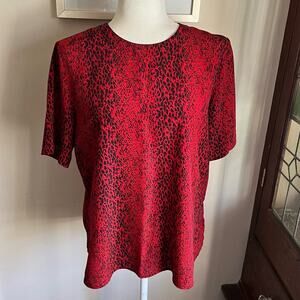 90s Vintage Kathy Che Red & Black Animal Print Blouse Size L Short Sleeve Office